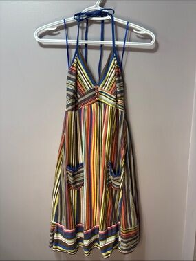 Y2K Oasis Multi-Color Striped Halter Dress with Blue Trim